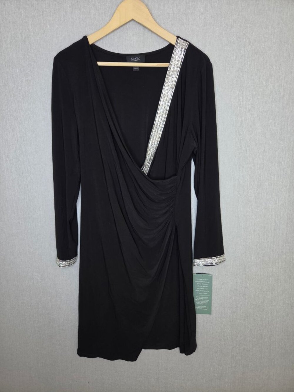 NWT MSK Black Rhinestone Embellished Draped Midi Dress Size XL Long Sleeve